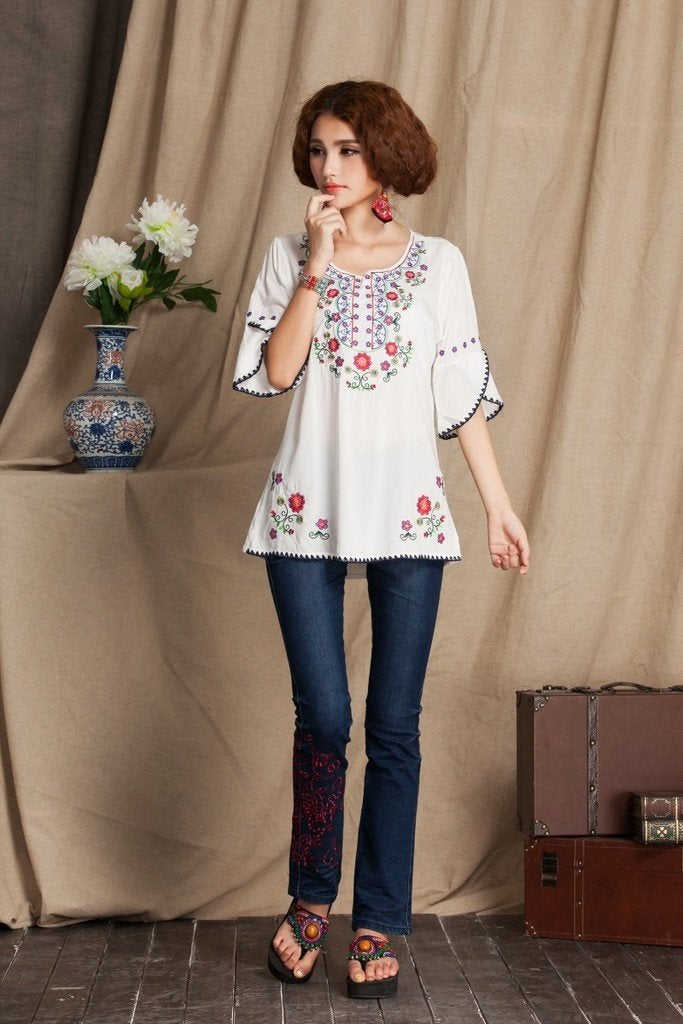 Ashir Aley Girls Embroidered Peasant Tops Mexican Bohemian Blouses , Large, White - Image 5